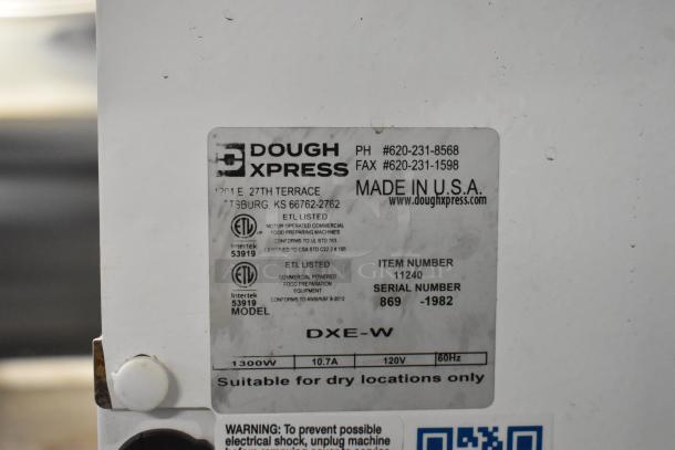 Dough Xpress DXE-W metal dough press, 120V, 1 phase, commercial use. Label shows ETL listing and model details.
