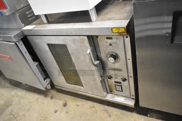 Hobart stainless steel half size convection oven with view-through door, 208/240V, 1 phase, commercial use, electric powered.