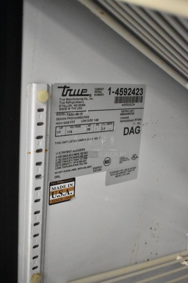 True TSSU-48-12 Stainless Steel Prep Table label; 115 volts, 1 phase; NSF certified; Made in USA; serial number 1-4592423.