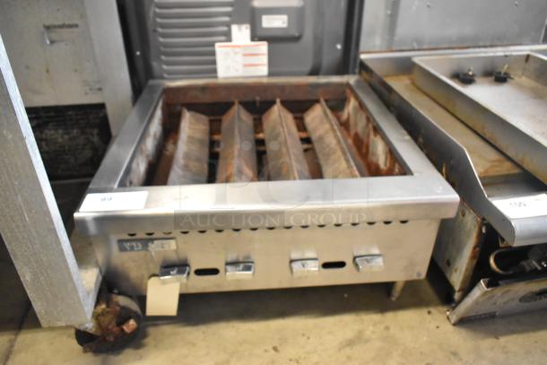 Vulcan stainless steel commercial charbroiler grill, tabletop model, missing grates, visible wear.