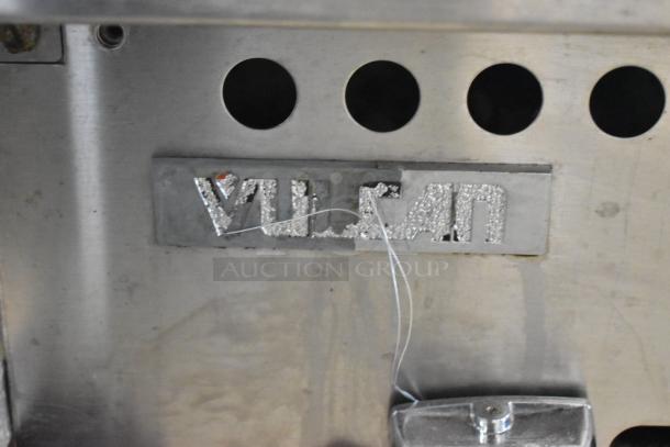 Vulcan stainless steel commercial countertop charbroiler grill, missing grates, visible Vulcan branding.