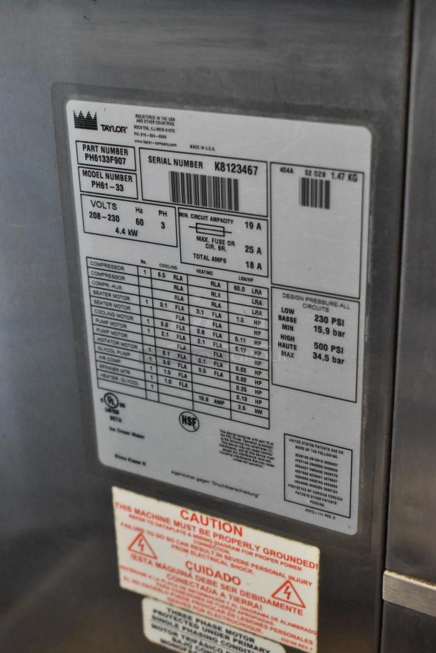 Taylor PH61-33 stainless steel soft serve ice cream machine label, 208-230V, 3-phase, 4.4 kW, serial K8123467.