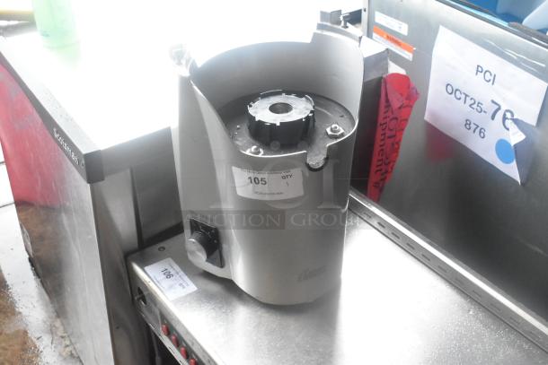 2021 Zumex Multifruit LED metal countertop juicer base, 115 volts, 1 phase. Visible tags for auction info.