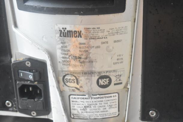 2021 Zumex Multifruit LED Juicer Base, silver, 115V, 1 Phase, with labels showing model and safety certifications.