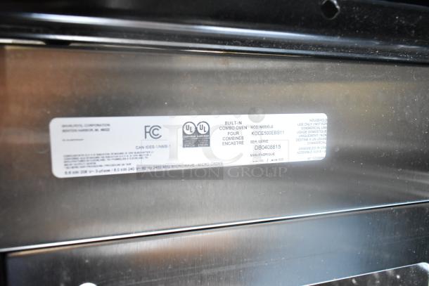KitchenAid KOCE500EBS11 stainless steel wall oven label, electric combo convection, 208/240V, model specs visible.
