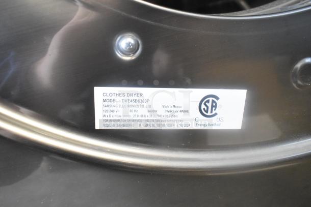 Samsung DVE45B6300P front load dryer label, 120/240V, 1 phase, 5400W, Energy Verified, CSA certified.