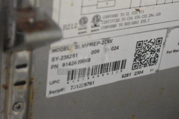 SLMPREP-2DW stainless steel sandwich salad prep table label, showing model, UPC, and serial number details.