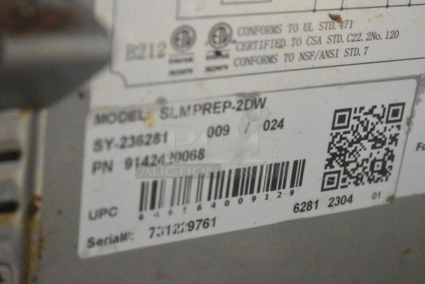 SLMPREP-2DW stainless steel sandwich salad prep table tag with model details, certifications, and barcode.