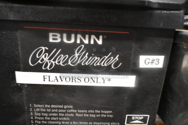 Bunn G3 HD Commercial Coffee Grinder label: "Flavors Only" note, instructions, and G#3 marking visible.