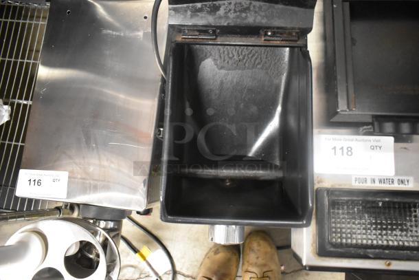 Bunn G3 HD metal commercial coffee bean grinder, 120V, 1 phase, countertop model. Slight wear, labeled with auction tags.