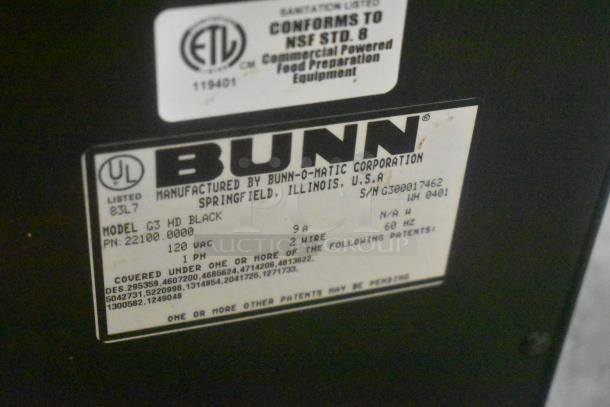 Bunn G3 HD Metal Coffee Bean Grinder label showing model, serial number, 120V power, and patent details; ETL and UL listed.