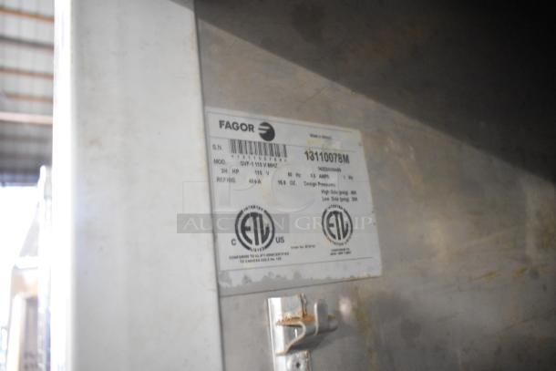 Fagor QVF-1 stainless steel commercial freezer label showing specs: 115V, 1 Phase, ETL certified. Serial no: 13110078M.