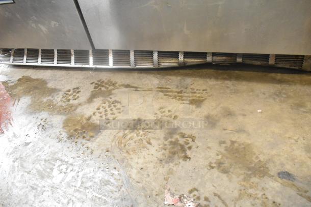 Delfield UCD4464N-12-DD5 stainless steel prep table with 4 drawers, bain marie top, missing 1 lid, visible wear, 115V, 1 phase.