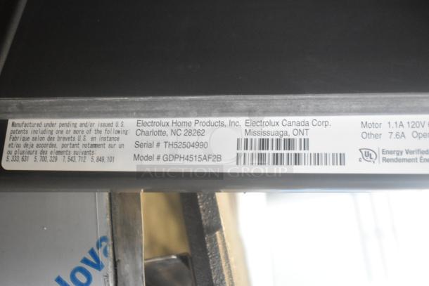 Frigidaire GDPH4515AF2B undercounter dishwasher label, showing model, serial number, and UL certification. 115V, 1 phase.
