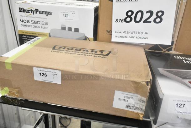 Brand new Hobart 12/22PN-SST stainless steel rectangular feed pan in a labeled cardboard box marked "scratch and dent."