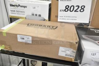 Brand new Hobart 12/22PN-SST stainless steel rectangular feed pan in a labeled cardboard box marked "scratch and dent."