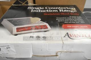 Brand new Avantco 177IC3500 countertop induction range box, 208-240V, 1 phase, stainless steel, 13 power levels.