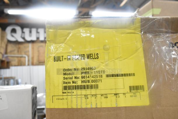 Hatco HWB-11QTD 11 Qt. Drop In Heated Soup Well, new, scratch and dent, model HWB-L11QTD, 120V, visible yellow label detailing specs.