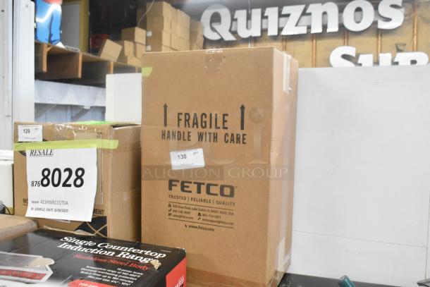 Boxed 2025 Fetco L4D-20TLA coffee dispenser, 2-gallon, stainless steel, hands-free, with stand. Antimicrobial handle.
