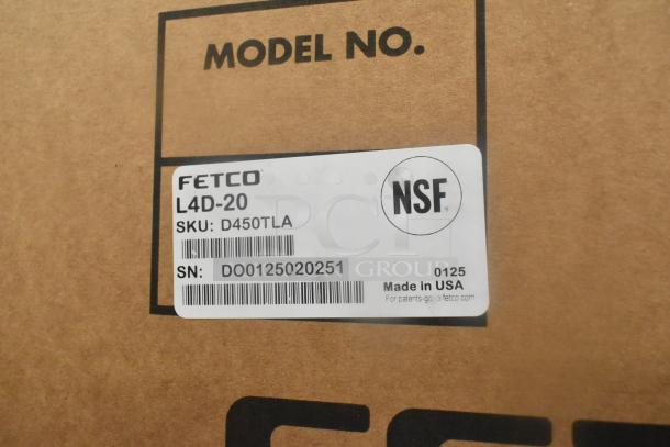 NSF-certified Fetco L4D-20TLA coffee dispenser label, model 2025, SKU D450TLA, serial DO0125020251, Made in USA.