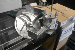 Brand new scratch and dent Garde metal commercial vegetable cutter with an extra blade. Tags indicate model and quantity.