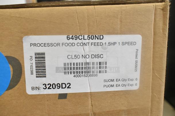 BRAND NEW SCRATCH AND DENT! Robot Coupe CL50ND Food Processor, 1.5 hp, no discs, seen in original packaging with label details.