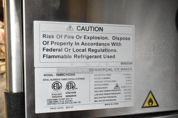 2021 Avantco 194MCH530A Stainless Steel Commercial Ice Head, 115V, 1 Phase. Safety and specification labels visible.