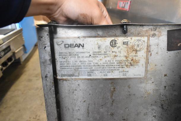 Dean SR142GN Stainless Steel Commercial Gas Deep Fat Fryer, 105,000 BTU, used condition, model and serial number label shown.