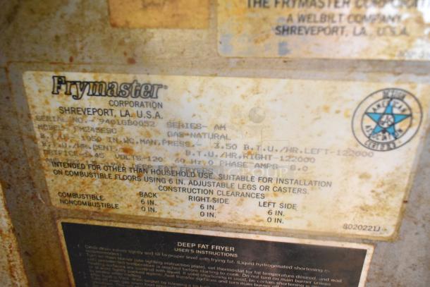Frymaster FM245ESC label detailing model, serial number, gas type, BTU output, and installation specifications.