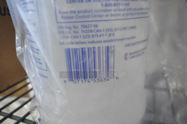 Six assorted items including receipt printer rolls and sanitizer. Visible barcode and product details on sanitizer bottle.