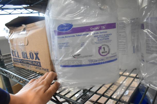 6 items include Diversey Oxivir Tb sanitizer, gel ice packs, and receipt printer rolls. Sanitizer is 1 gal, labeled for safety.