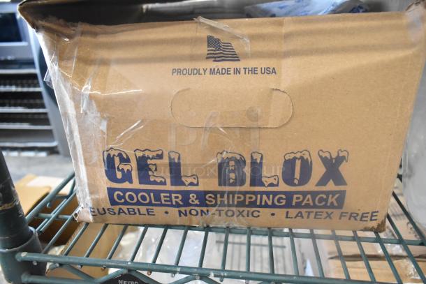 Cardboard box labeled "GEL BLOX Cooler & Shipping Pack," reusable, non-toxic, latex-free, marked "Proudly Made in the USA."