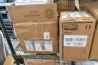 Boxes of various items on metal shelves, including Rubbermaid dispensers marked as 800ml hand soap. Boxes show shipping labels and slight wear.