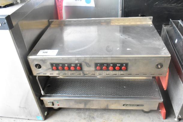 Conti Club stainless steel commercial countertop espresso machine with control buttons, used condition, model label visible.