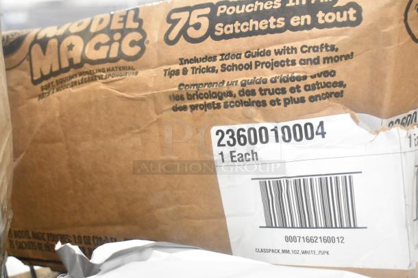 Brown package of Crayola Model Magic, 75 pouches, soft modeling material. Label reads "2360010004, 1 Each."