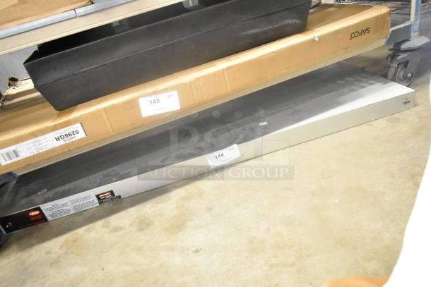 Hatco Metal Commercial Heat Strip, silver finish, long rectangular shape, visible manufacturer labels, auction tag 144.