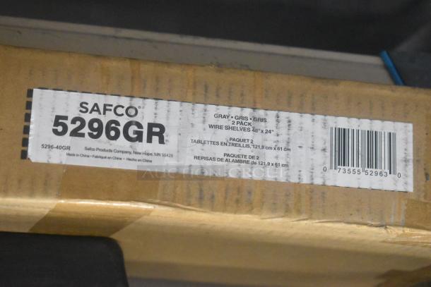 Safco 5296GR wire shelves, 2-pack, gray, 48"x24", in original packaging. Label includes barcode and manufacturing details.