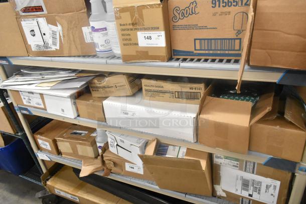 Shelves with 13 items including Zebra labels, Scott box, and Health Gards liners. Boxes show various labels and markings.