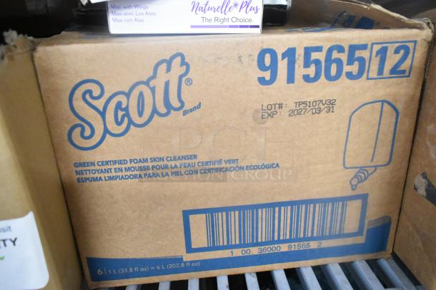 Cardboard box labeled "Scott Brand" with foam skin cleanser, Lot# TP5107V32, expiring 2027/03/31.