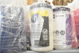 A tier lot of items including Sani Professional Disinfecting Multi-Surface Wipes and Bettco Skin Cleanser. Items sealed in plastic.