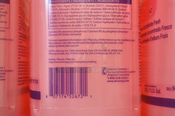 Tier lot of items with visible labels mentioning Diversey, ingredients list, product info, and contact details.