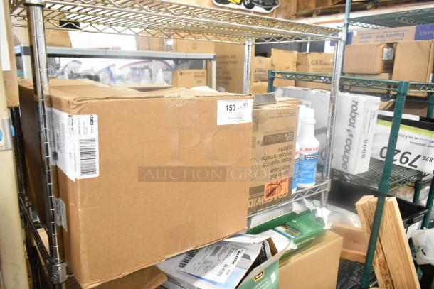 15 various items including Betco disinfectant, jumbo bath tissue roll, and a laminator on metal shelves. Box labels visible.