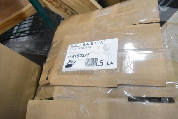 15 various items including Betco disinfectant, jumbo bath tissue roll, and laminator. Box label reads "Table Base Plat, 22x22, 164TB2222, 5 EA."