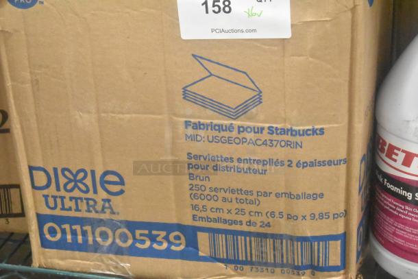 Cardboard box labeled "Dixie Ultra," holds 250 napkins per pack, made for Starbucks, item MID USGEOPAC4370RIN.