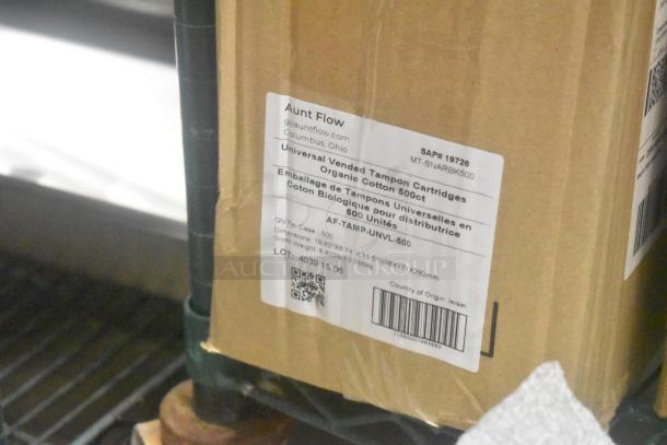 Box labeled Aunt Flow Universal Tampon Cartridges, organic cotton, 500 count, SKU 19726. Origin: Israel.