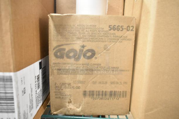 Cardboard box of Gojo Green Certified Foam Hand Cleaner, model 5665-02, 1200 mL TFX refills, expiry 04/2028.