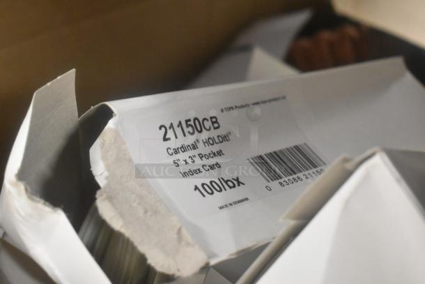 Box containing Cardinal 5"x3" index cards, 100 per box. Label shows model 21150CB, made in Denmark.