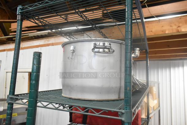 Miroil Metal Filter Pot on shelf, stainless steel, with handles and spout. Used condition, suitable for commercial use.