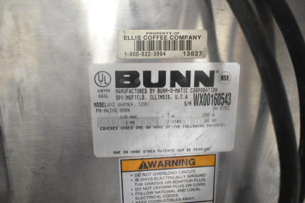 Bunn WX2 Metal Coffee Pot Warmer, 120V, 1 Phase. Features two burners. Includes manufacturer label and model details.