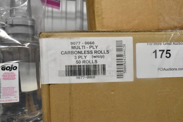 Box of 50 multi-ply carbonless rolls, 3 ply, with GoJo foam handwash bottle. Auction lot number 175 displayed.